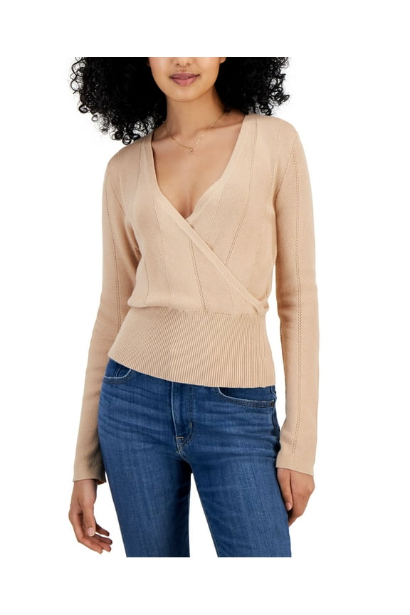 Juniors' Surplice-Neck Ribbed-Hem Sweater Vintage Wheat L