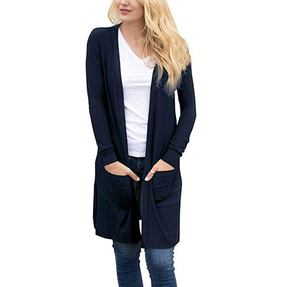 Juniors Sweater Long Sleeve Open Front Lightweight Kimono Cardigan with Pocket Knitted Coat Tops Navy Blue/Black Plus Size S-3XL