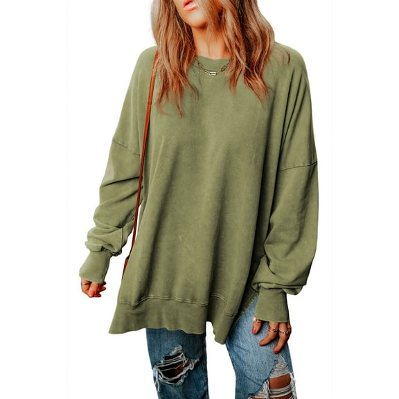 Juniors' Sweatshirt Celebrity Green Drop Shoulder Ribbed Trim Oversized (green, small)