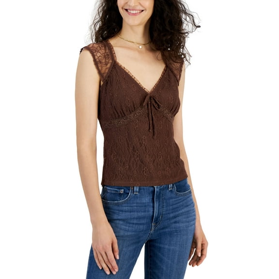 Juniors' Sweetheart-Neck Lace-Trim Cap-Sleeve Top Brunette XL