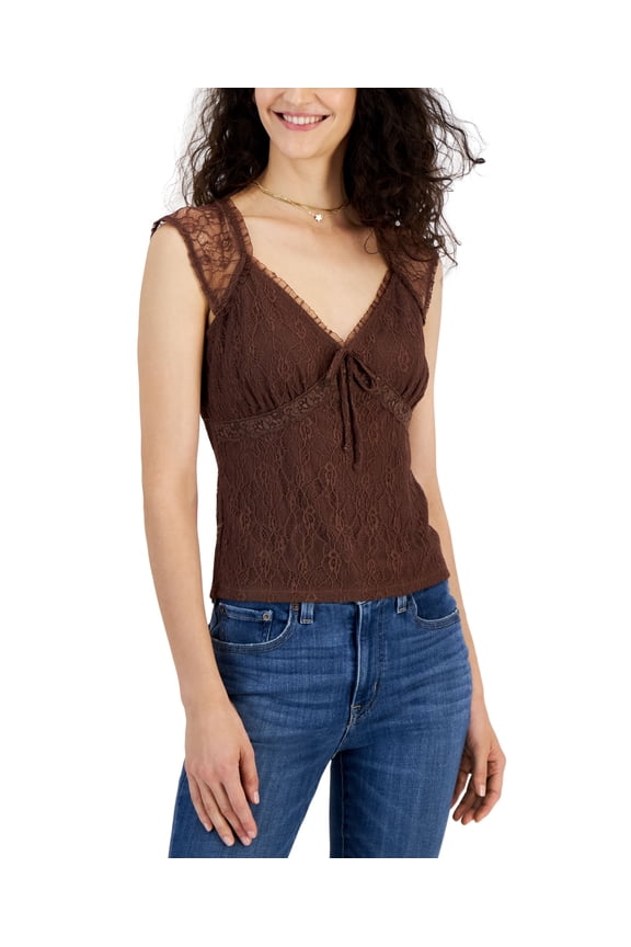Juniors' Sweetheart-Neck Lace-Trim Cap-Sleeve Top Brunette XL