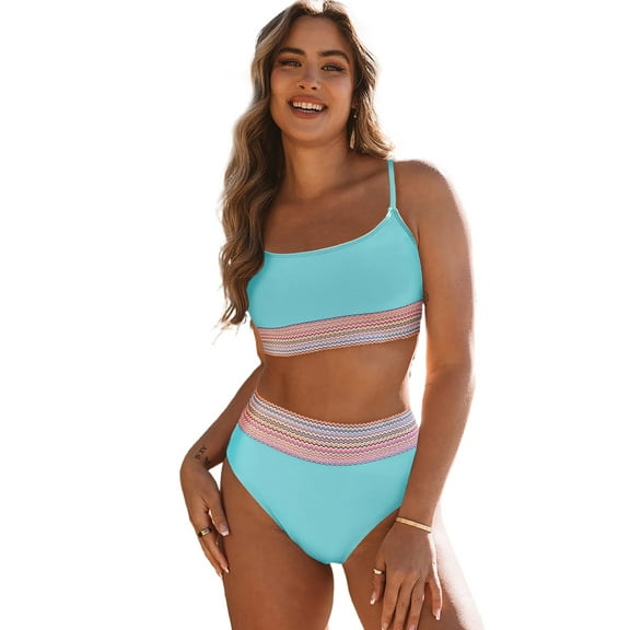 Cali Chic Women's Swimsuit Celebrity Sky Blue Striped Patchwork High Waist (Small, Multicolor)