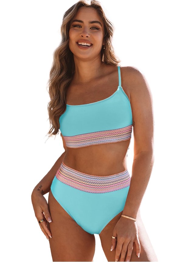 Women Swimsuit Celebrity Sky Blue Striped Patchwork High Waist (XL, Multicolor)