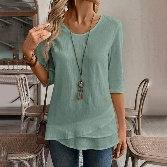 Juniors T-Shirts Linen Shirts Solid Color 3/4 Sleeve Tops Summer Casual Loose Round Neck Work Blouses Ladies Basic Tunic Tops T Shirts for Women