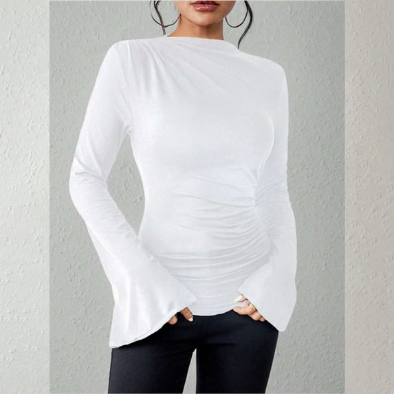 Juniors T-Shirts Long Sleeve Shirts 2025 Fall Going Out Tops Casual Boat Neck Bell Sleeve Ribbed Ruched Y2K Clothes T Shirts for Women