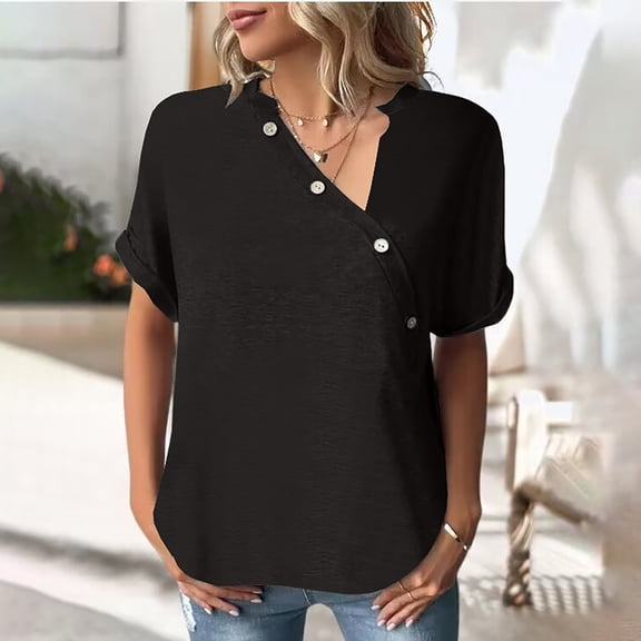 Juniors T-Shirts Solid Color Button Stylish Loose Short Sleeved Women's T Shirt T Shirts for Women