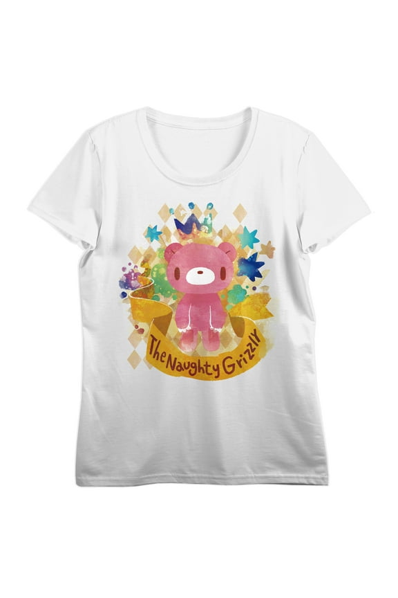 Gloomy Bear water color paint background and ribbon with name The Naughty Grizzly on perfect White Short Sleeve Adult T-Shirt-XS