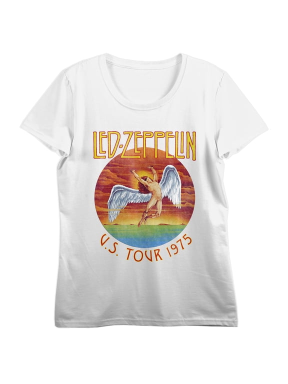 Led Zeppelin U.S. Tour 1975, Band Logo on White Short Sleeve Adult T-Shirt-XL