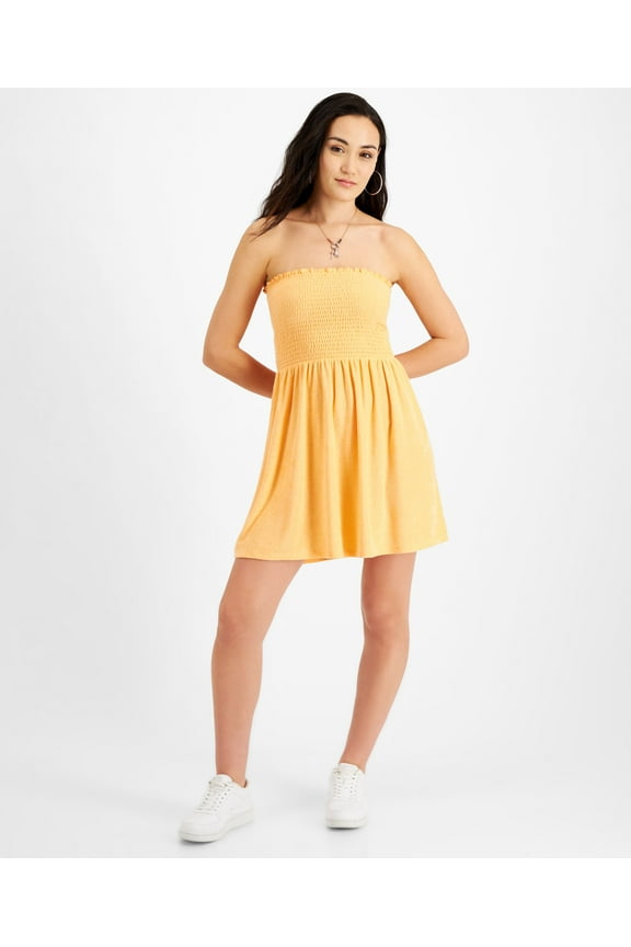 Juniors' Terry Cloth Smocked Strapless Dress Peach Cobbler S