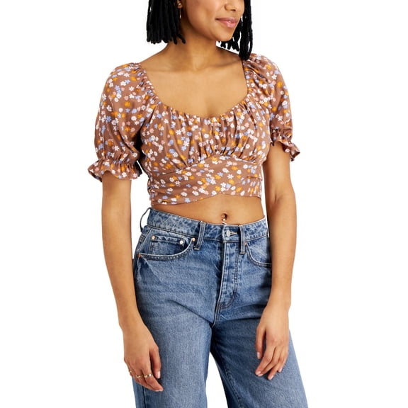 Juniors' Tie-Back Peasant Top Brown Ditsy XL