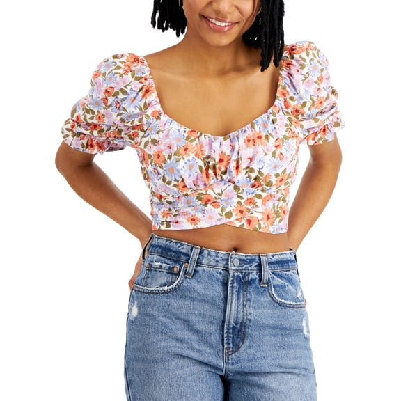 Juniors' Tie-Back Peasant Top Orange Ditsy M