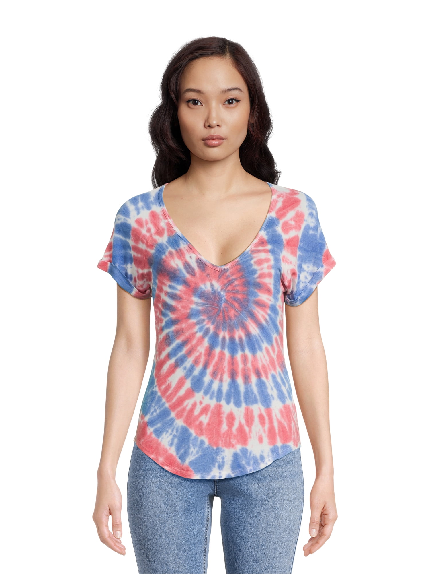 Juniors Tie Dye Short Sleeve Rayon V Neck, T-Shirt (Women's)