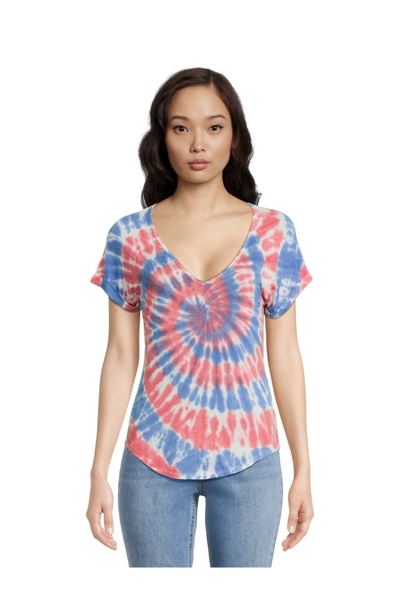 Juniors Tie Dye Short Sleeve Rayon V Neck, T-Shirt (Women's)