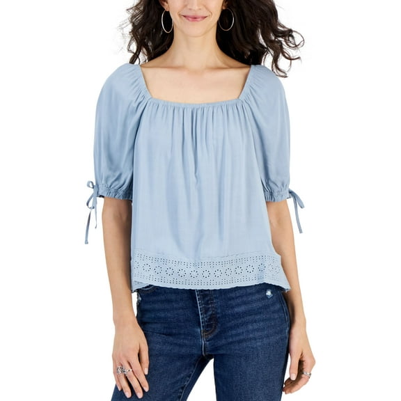 Juniors' Tie-Sleeve Square-Neck Crochet Top Winter Sky XL