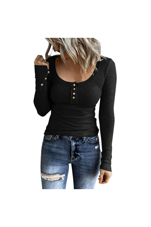 Juniors Tops, Women Long Sleeve Henley T Shirts Button Down Slim Fit Tops Scoop Neck Ribbed Knit Shirts Black