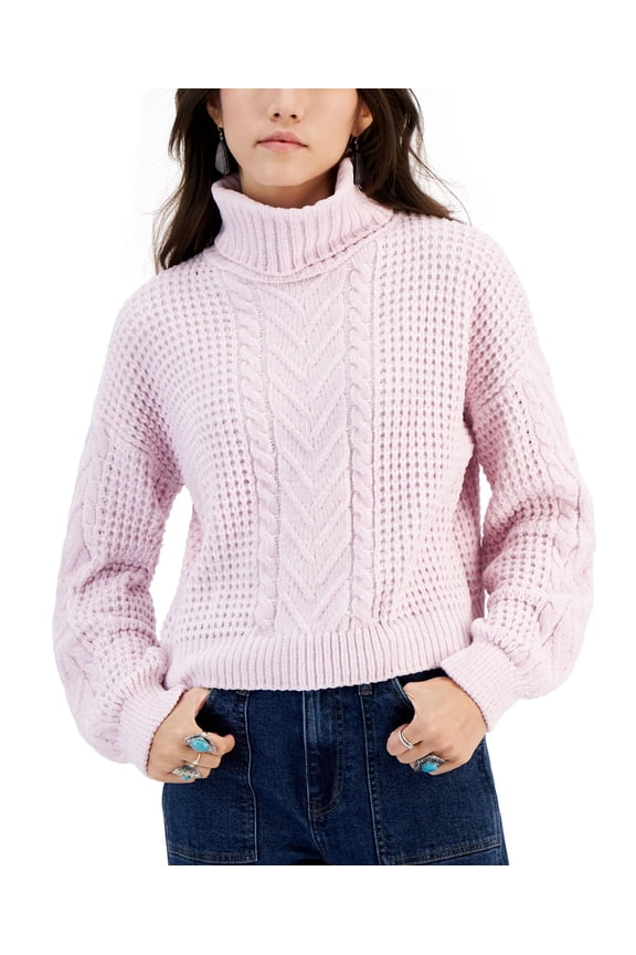 Juniors' Turtleneck Cable-Knit Sweater Lilac Blush XL
