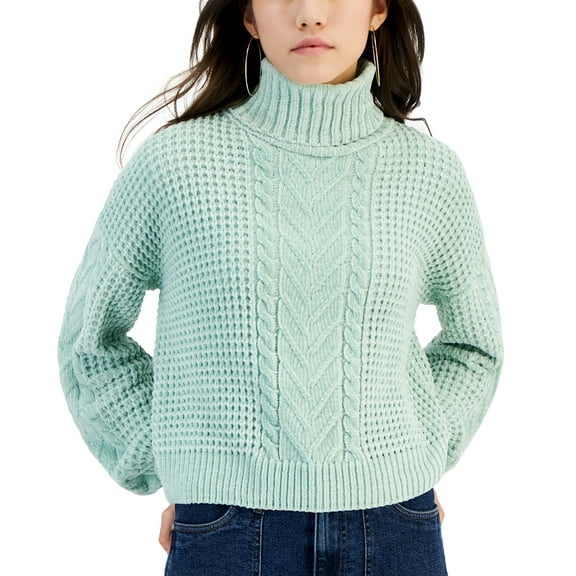 Juniors' Turtleneck Cable-Knit Sweater Neptune Green M