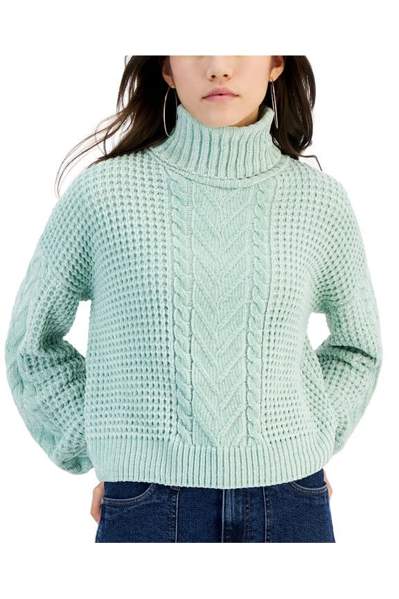 Juniors' Turtleneck Cable-Knit Sweater Neptune Green M