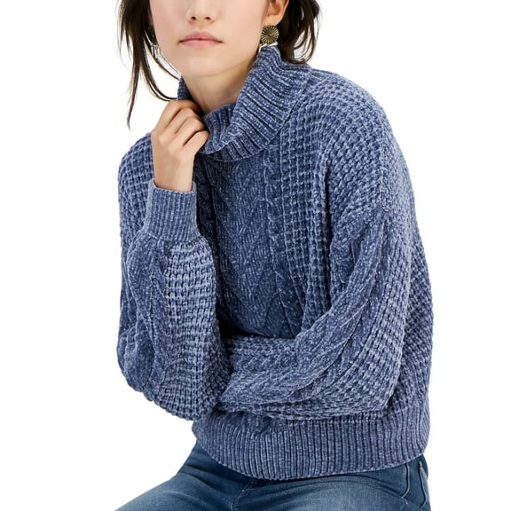 Juniors' Turtleneck Cable-Knit Sweater Storm Cloud L