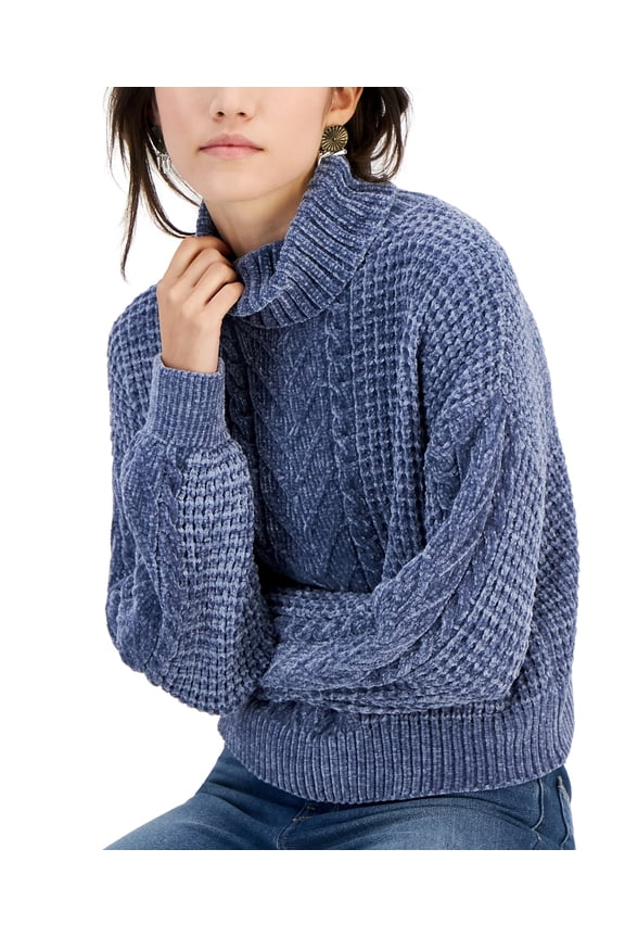 Juniors' Turtleneck Cable-Knit Sweater Storm Cloud XL