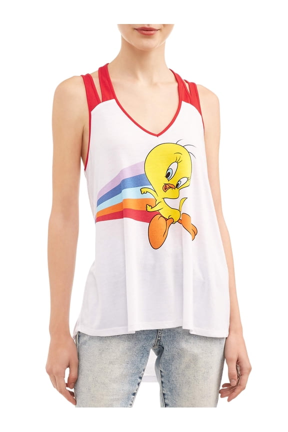 Juniors' Tweety Looney Tunes Licensed Double Strap High Low Graphic Tank Top