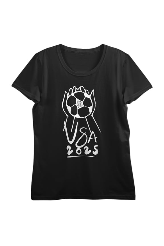 USSF Soccer ball in hand doodle, USA 2025 on Black Short Sleeve Adult T-Shirt-Large