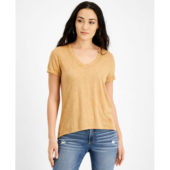 Juniors' V-Neck Burnout T-Shirt Caramel Latte XL