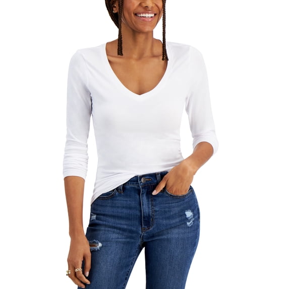 Juniors' V-Neck Long-Sleeved Top White Beige S