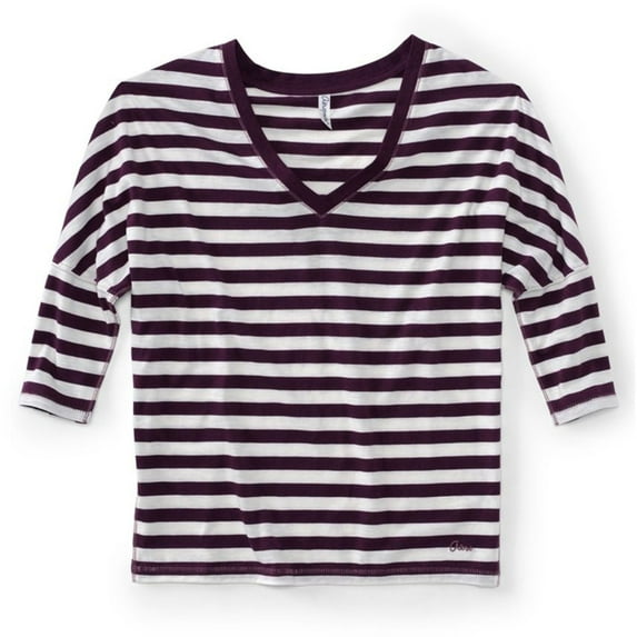Juniors V-Neck Stripe 3/4 Sleeve Graphic T-Shirt