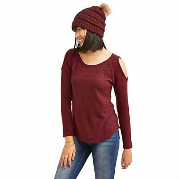 Juniors' Waffle-Knit Cold-Shoulder Top & Faux Fur-Trimmed Beanie Red Wine Port M