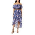 thumbnail image 1 of Juniors' WallFlower Off the Shoulder High-Low Hem Belted Maxi Dress Color: Skipper Blue Floral Size: X LARGE, 1 of 4
