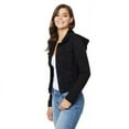 thumbnail image 1 of Juniors' Wallflower Dreamer Knit-Sleeve Hooded Jean Jacket Color: Black Rinse Size: LARGE, 1 of 2