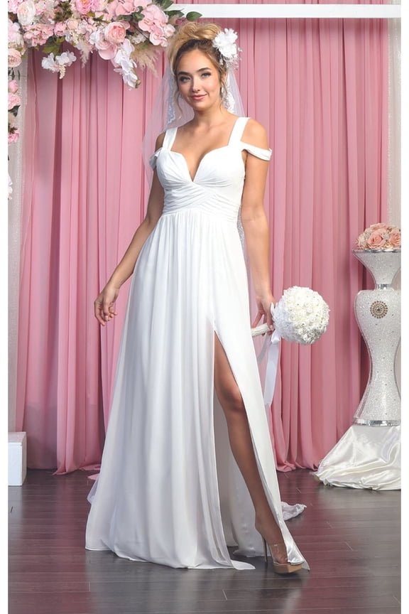 Women's May Queen MQ1848B Classy V Neck Pleated Ivory Wedding Long Dress 4