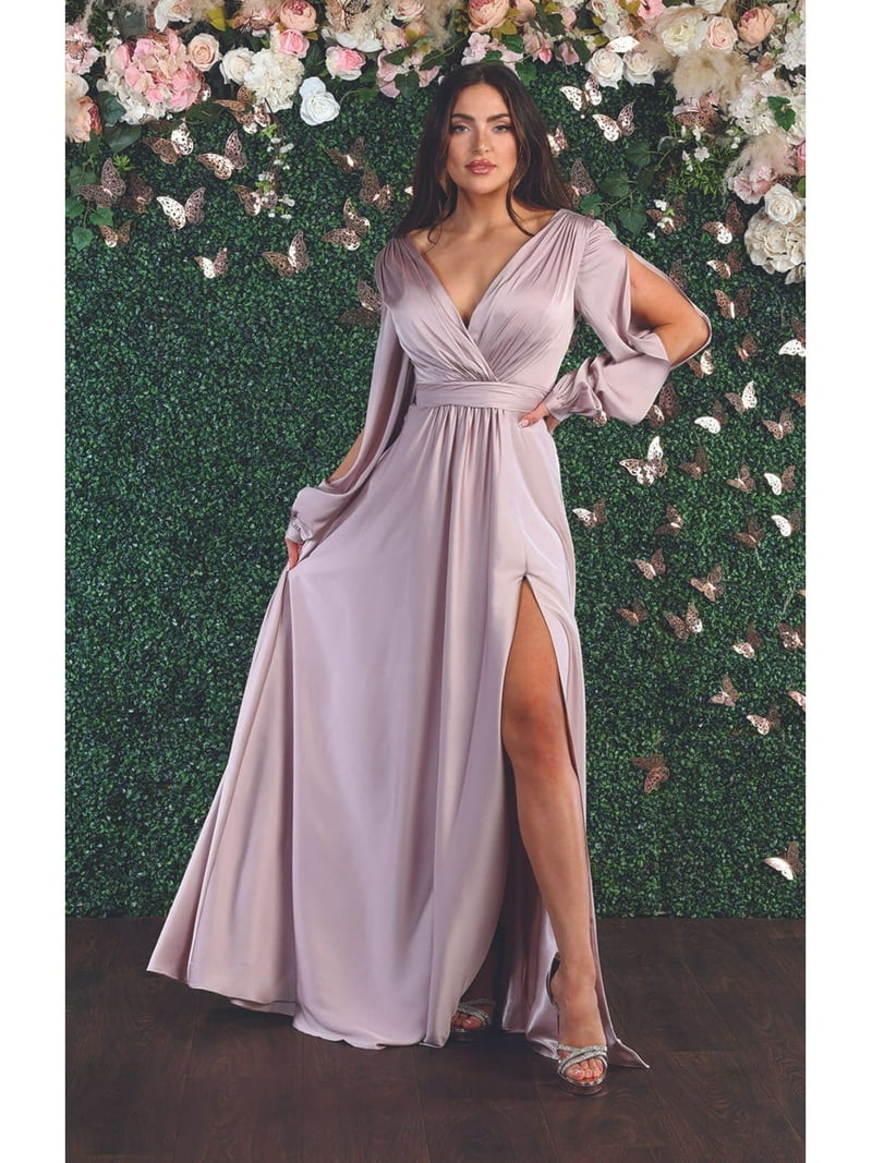 Designer Split Long Sleeve Evening Gown, Mauve Designer Split Long Sleeve Evening Gown, Mauve