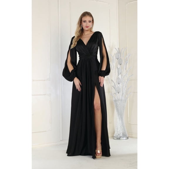 Women's May Queen MQ1857 Split Long Sleeve High Slit Simple Solid evening elegant Gown Black 6