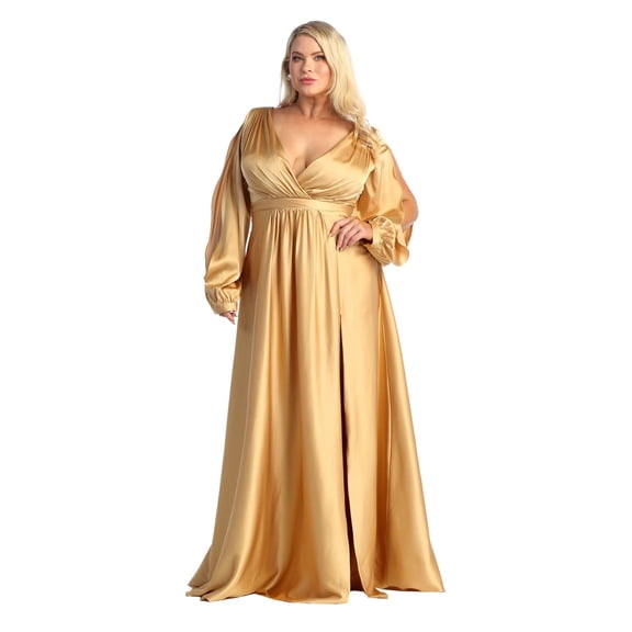 Women's May Queen MQ1857 Split Long Sleeve High Slit Simple Solid evening elegant Gown Gold 6