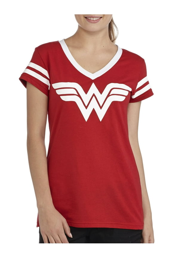 Juniors Wonder Woman V Neck Athletic Stripe Graphic Tee