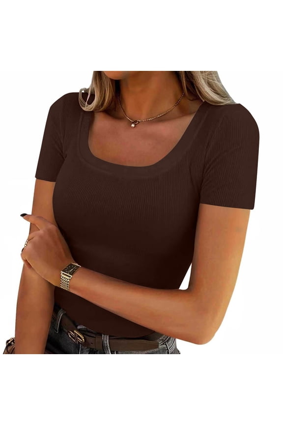 Juniors Y2K Varsity Top Spring Summer Dressy T-Shirt Ribbed Knit Crew Neck Pullover Blouse