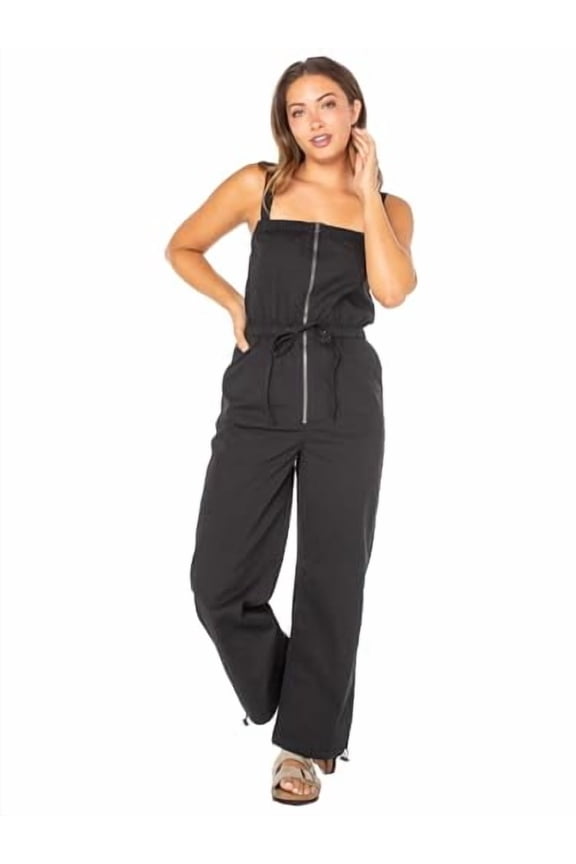 Juniors and Juniors Plus Zip Front Jumpsuit with Self Tie, XS-4X (Black, Small)
