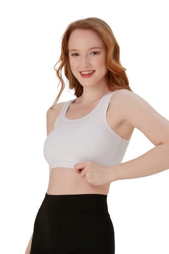 Juniors' & Women's Unlined Sports Bra Top, Soft Stretch Moisture-Wicking, White , L/XL