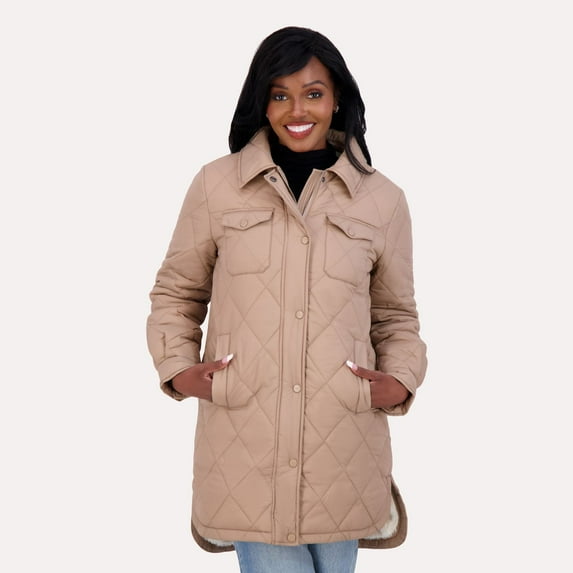 Juniors' madden girl Faux Fur Lined Quilted Shacket Color: Sand Size: X LARGE