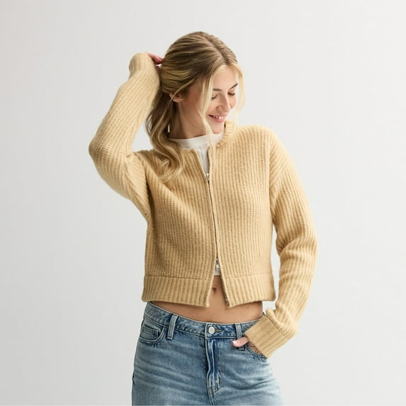 Juniors' madden girl Mossy Double Zipped Bomber Cardigan Color: Cedar Elm Size: X SMALL