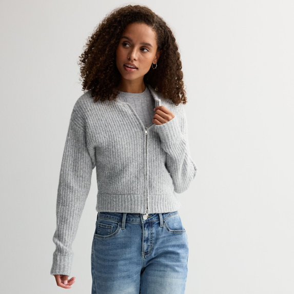 Juniors' madden girl Mossy Double Zipped Bomber Cardigan Color: Light Grey Heather Size: SMALL