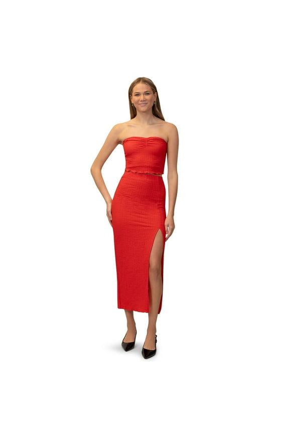 Juniors' madden girl Ruched Bandeau Top & Side Slit Skirt Set Color: Red Size: MEDIUM