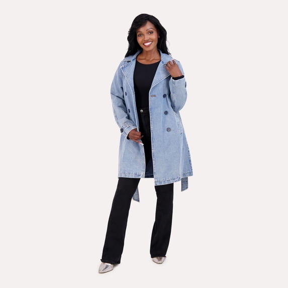 Juniors' madden girl Trench Coat Color: Denim Size: SMALL