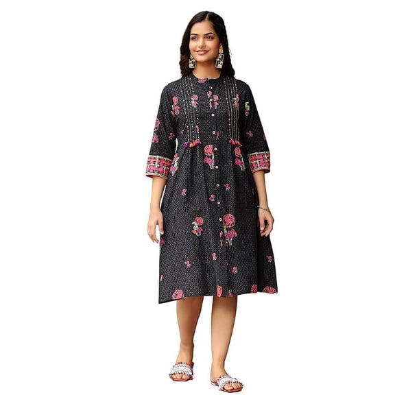 Juniper Black Floral Printed A-Line Pleated Cotton Dress