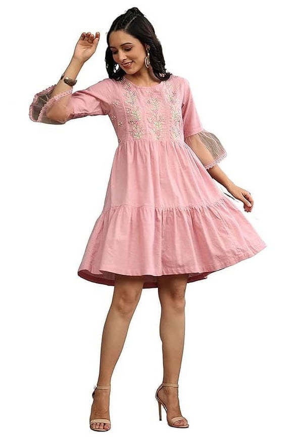 Juniper Blush Pink Floral Printed Cotton Slub Tiered Short Dress With Thread Work Embroidery