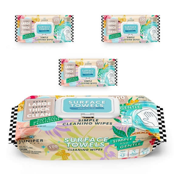 Juniper CLEAN 3 Packs Surface Cleaning Wipes Bleach Free, Thick & Large Dispose, All-Purpose Cleaner for Bathroom, Kitchen, Office, 100 Count Soft Flow, Biodegradable, No Scent