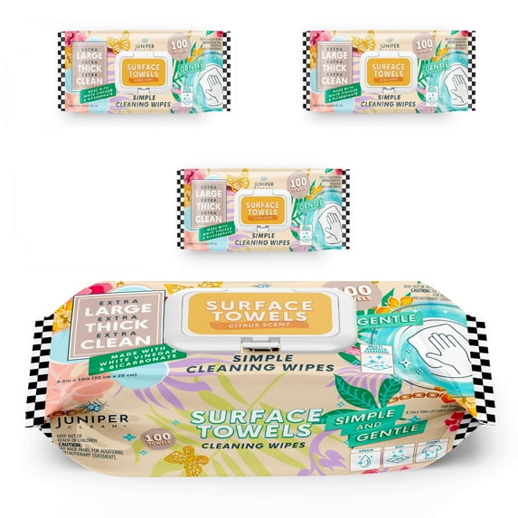 Juniper CLEAN 3 Packs Surface Cleaning Wipes Bleach Free, Thick & Large Dispose, All-Purpose Cleaner for Bathroom, Kitchen, Office, 300 Count Soft Flow, Biodegradable, Citrus Scent