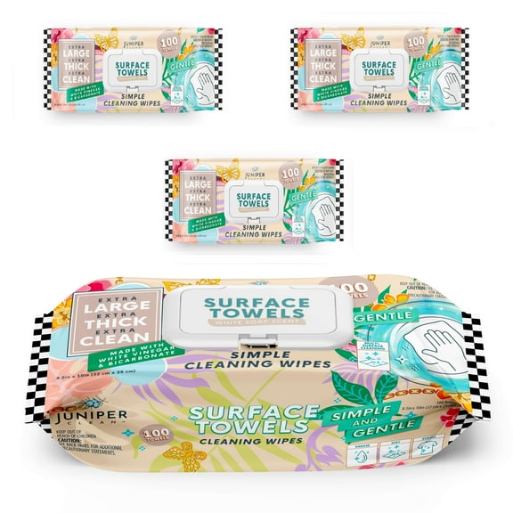 Juniper CLEAN 3 Packs Surface Cleaning Wipes, Thick & Large Dispose, All-Purpose Cleaner for Bathroom, Kitchen, Office, 300 Count Soft Flow, Biodegradable, White Soap Scent